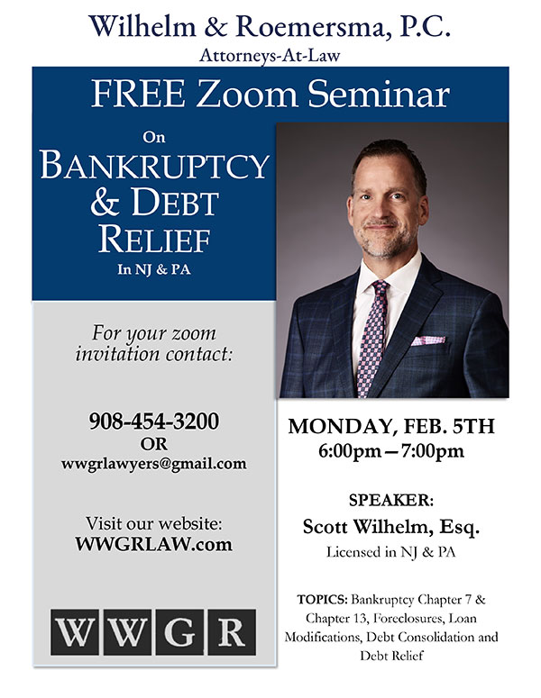 Free Zoom Seminar on Bankruptcy & Debt Relief in NJ & PA, Monday 5th February